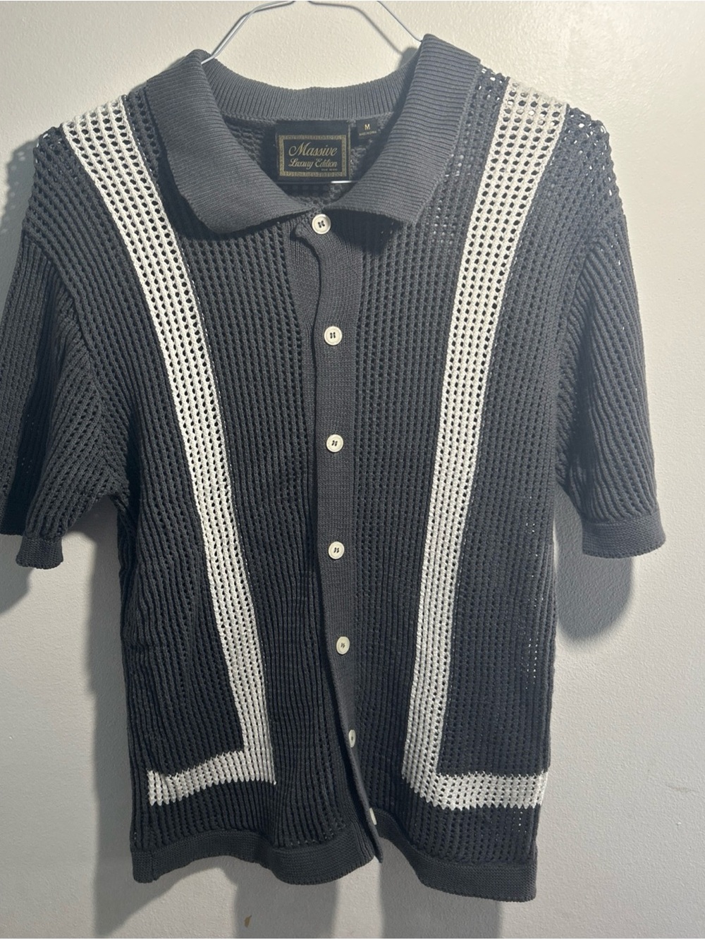 Massive Luxury Edition Black Knit Polo with White Stripe Detail